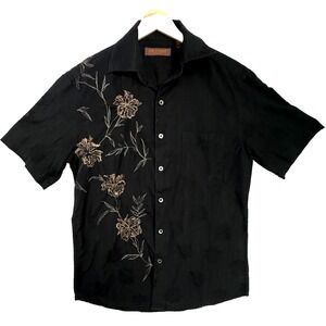 Tori Richard Shirt‎ Mens Small Black Embroidered Floral Hawaiian Camp Button Up